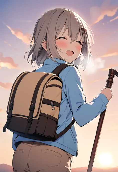 1girl, yukimura aoi, solo, hair ornament, closed eyes, backpack, open mouth, hairclip, smile, short hair, :d, cane, ^_^, holding, eyebrows visible through hair, outdoors, long sleeves, sky, brown hair, facing viewer, cloud, grey hair, from behind, brown pants, head tilt, sunrise, blush, hair between eyes, upper body, looking back, walking stick, cowboy shot, standing, silver hair, horizon, breath, brown shorts, zipper, day, shirt, shoulder bag, blue jacket, backlighting, holding cane, looking at viewer, masterpiece, best quality <lora:yukimura_aoi_sdxl_locon_ani_v1:0.7>