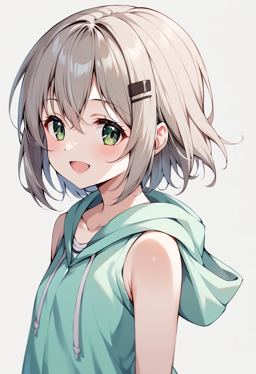 Anime girl with green eyes and a green hoodie - SeaArt AI