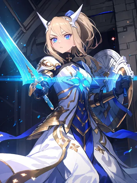 masterpiece,best quality,highres,cinematic lighting,dramatic angle,1girl,<lora:ShadowverseHolySaberV16-000029:0.8>,alternative2, hair ornament,blue eyes,ponytail,ribbon,glowing eyes,serious,white armor,white and blue dress,holding shield,holding,blue sword,lightsaber,looking at viewer,walking,portrait