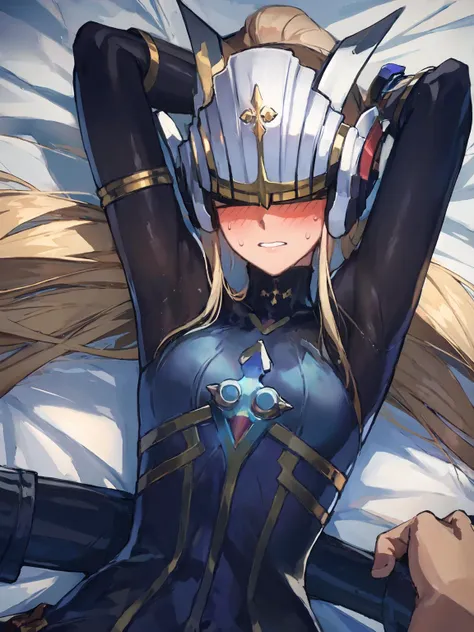 masterpiece,best quality,<lora:ShadowverseHolySaberV4:0.8> ,white helmet,covered eyes,alternative1,shy,(slightly open mouth:0.43),black bodysuit,embarrassed,pov,arms up,lying,on back,in bed,nightgown,see-through,sweaty,from above,(blush:1.2)