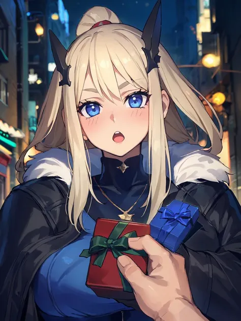 masterpiece,best quality,highres,1girl,<lora:ShadowverseHolySaberV4:0.7> ,streetscape,christmas,christmas tree,christmas eve,both hands holding giftbox,evolved,alternative2,hair ornaments,scraft,thick sweater,thick coat,deep blue jeans,fur trim,looking at viewer,:o,happy,portrait,(depth of field:1.4),matured female,blush,shy