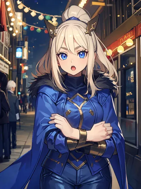 masterpiece,best quality,highres,1girl,<lora:ShadowverseHolySaberV4:0.7> ,streetscape,christmas,christmas tree,christmas eve,both hands holding giftbox,evolved,alternative2,hair ornaments,scraft,thick sweater,thick coat,deep blue jeans,fur trim,looking at viewer,:o,happy,portrait,(depth of field:1.4)