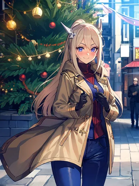 masterpiece,best quality,highres,1girl,<lora:ShadowverseHolySaberV4:0.7> ,streetscape,christmas,christmas tree,christmas eve,both hands holding giftbox,evolved,alternative2,hair ornaments,scraft,thick sweater,thick coat,deep blue jeans,looking at viewer,smile,(shaded face:1.2),portrait,(depth of field:1.4),matured female,blush,shy