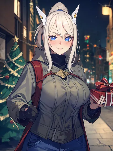 masterpiece,best quality,highres,1girl,<lora:ShadowverseHolySaberV4:0.7> ,streetscape,christmas,christmas tree,christmas eve,both hands holding giftbox,evolved,alternative4,hair ornaments,scraft,thick sweater,thick coat,deep blue jeans,looking at viewer,smile,(shaded face:1.2),portrait,(depth of field:1.4),matured female,blush,shy