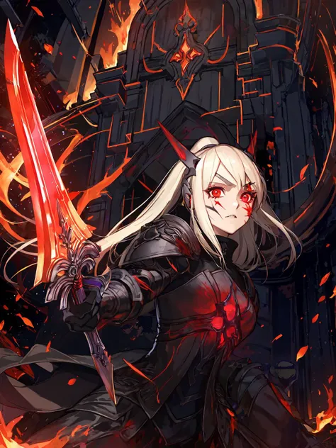 masterpiece,best quality,highres,1girl,<lora:ShadowverseHolySaberV4:0.75>,alternative4,hair ornaments,holding,red sword,expressionless,red eyes,black armor,middle red dress,purple theme,glowing particles,asymmetrical eyes,from side,fighting stance,dynatic angle,serious,fire,flames,cursed aura,ruins,ashes,blood,facial mark,flames,,portrait,looking at viewer,from below,cool face