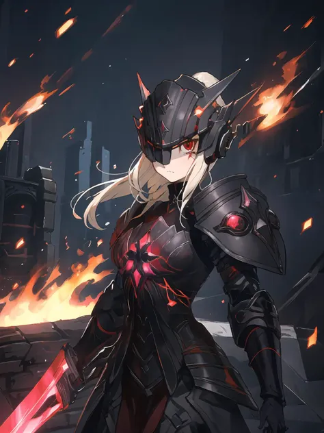 masterpiece,best quality,highres,cinematic lighting,dramatic angle,<lora:ShadowverseHolySaberV16-000029:0.8:lbw=jiangshi3>,blonde hair,ponytail,red eyes,one eye covered,heterochromia, broken helmet,black armor,black and red dress,black helmet,hair ornament,glowing eyes,cowboy shot,portrait,holding red sword,lightsaber,fire,:<,serious, dynamic angle,looking at viewer,shaded face,flaming eye,