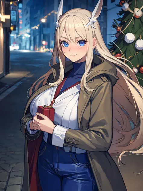 masterpiece,best quality,highres,1girl,<lora:ShadowverseHolySaberV4:0.7> ,streetscape,christmas,christmas tree,christmas eve,both hands holding giftbox,evolved,alternative4,hair ornaments,scraft,thick sweater,thick coat,deep blue jeans,looking at viewer,smile,(shaded face:1.2),portrait,(depth of field:1.4),matured female,blush,shy