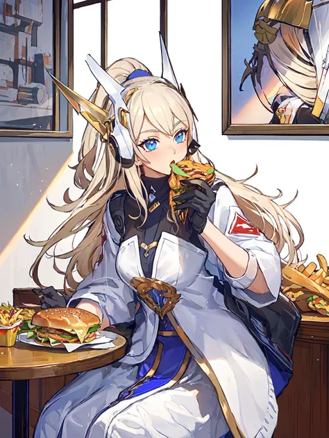 masterpiece,best quality,1girl,highres,<lora:ShadowverseHolySaberV4:0.8>,(helmet:1.4),(unevolved:1.4),(alternative1:1.3),kfc,drinking,sandwich,hamburgers,cheeseburgers,french fries,fried chickens,sitting across table,blush,pepsi cola,happy,black shirt,white jacket,white but middle blue skirt