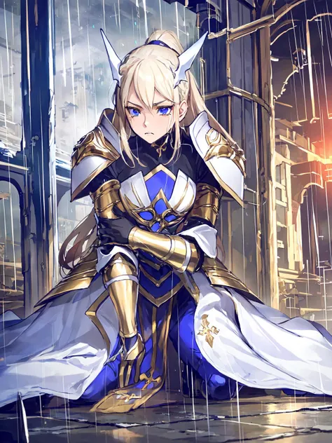 masterpiece,best quality,highres,1girl,<lora:ShadowverseHolySaberV4:0.8>,yellow eyes,alternative2,hair ornaments,white  armor,middle blue skirt,blue eyes,(rain:1.3),in ruins,collapsed Medieval architecture,monochrome,portrait,kneeling,sad,crying,looking at side,close-up,(depth of field:1.2),gradient background,despair