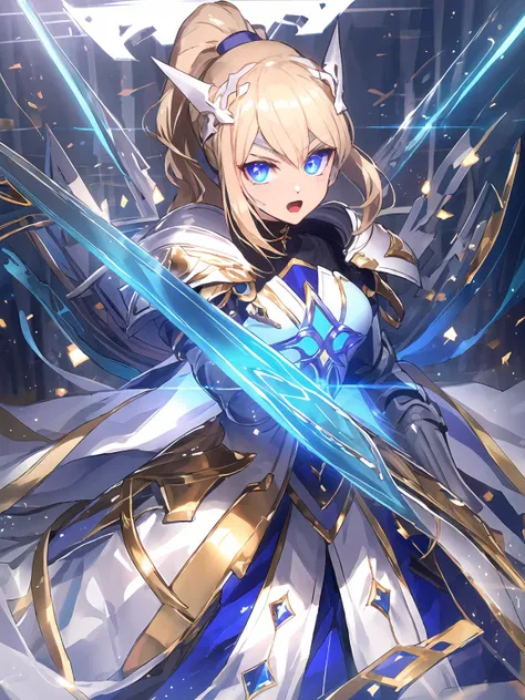 masterpiece,best quality,highres,cinematic lighting,dramatic angle,<lora:ShadowverseHolySaberV16-000029:0.8:lbw=jiangshi3>,blonde hair,ponytail,blue eyes,white armor,white and blue dress,white helmet,gold trim hair ornament,glowing eyes,cowboy shot,portrait,using both hands holding blue sword,lightsaber,fire,serious, dynamic angle,looking at viewer,shiny,floating object, <lora:flat2:-0.25>,open mouth