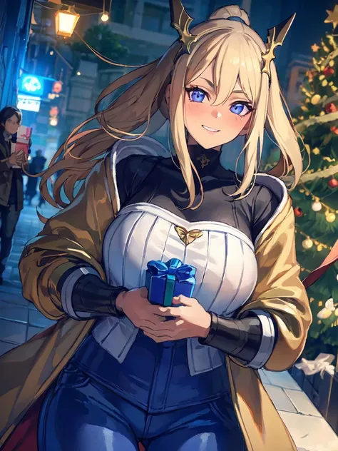 masterpiece,best quality,highres,1girl,<lora:ShadowverseHolySaberV4:0.7> ,streetscape,christmas,christmas tree,christmas eve,both hands holding giftbox,evolved,alternative2,hair ornaments,scraft,thick sweater,thick coat,deep blue jeans,looking at viewer,smile,(shaded face:1.2),portrait,(depth of field:1.4),matured female,blush,shy