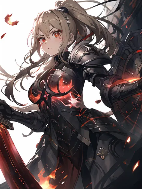 masterpiece,best quality,highres,cinematic lighting,dramatic angle,1girl,<lora:ShadowverseHolySaberV16-000029:0.8:lbw=jiangshi3>,alternative4, hair ornament,ponytail,ribbon,glowing,serious,shaded face,black armor,black and red dress,holding red sword,looking at viewer,dynamic angle,flames,depth of field,red eyes,heterochromia,cowboy shot,holding shield,<lora:flat2:-0.25> ,from above,close-up