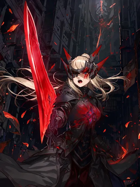 masterpiece,best quality,highres,1girl,<lora:ShadowverseHolySaberV4:0.8>,looking at viewer,alternative3,black helmet,covered eye,holding,red sword,expressionless,red eyes,,black armor,middle red dress,purple theme,glowing particles,asymmetrical eyes,from side,fighting stance,dynatic angle,roar,battlecry,open mouth,angry,fire,flames,cursed aura,ruins,ashes,blood,facial mark