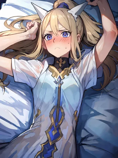 masterpiece,best quality,<lora:ShadowverseHolySaberV4:0.8> ,alternative2,shy,:<,embarrassed,pov,arms up,lying,on back,in bed,nightgown,see-through,sweaty,from above,(blush:1.2)