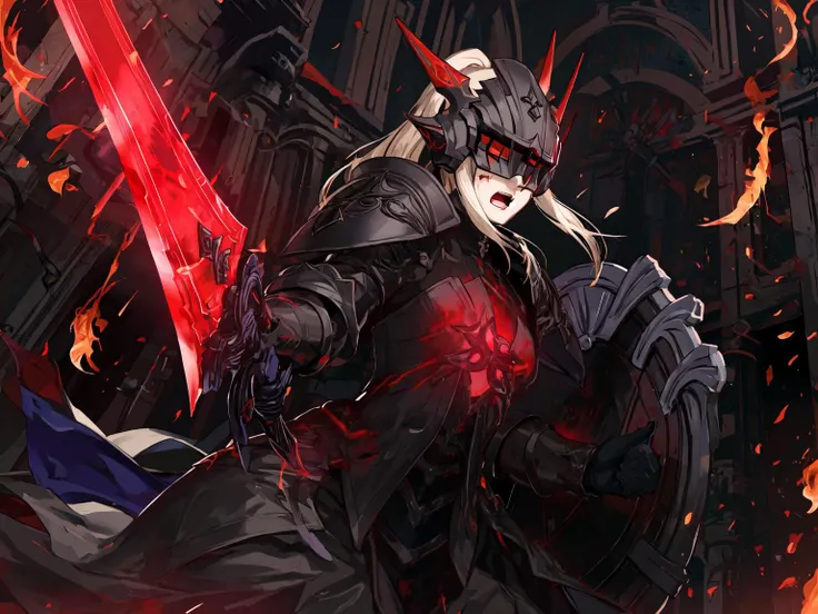 masterpiece,best quality,highres,1girl,<lora:ShadowverseHolySaberV4:0.75>,alternative3,black helmet,covered eye,holding,red sword,expressionless,red eyes,,black armor,middle red dress,purple theme,glowing particles,asymmetrical eyes,from side,fighting stance,dynatic angle,open mouth,serious,fire,flames,cursed aura,ruins,ashes,blood,facial mark,flames,shield,monochrome