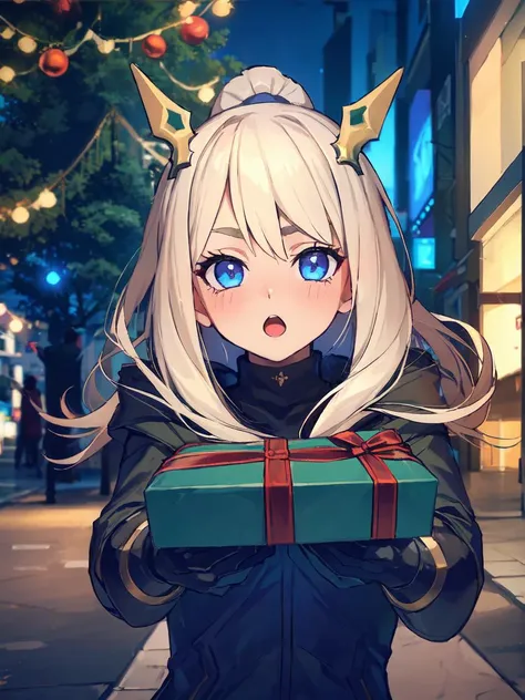 masterpiece,best quality,highres,1girl,<lora:ShadowverseHolySaberV4:0.7> ,streetscape,christmas,christmas tree,christmas eve,both hands holding giftbox,evolved,alternative2,hair ornaments,scraft,thick sweater,thick coat,deep blue jeans,fur trim,looking at viewer,:o,happy,portrait,(depth of field:1.4),matured female,blush,shy