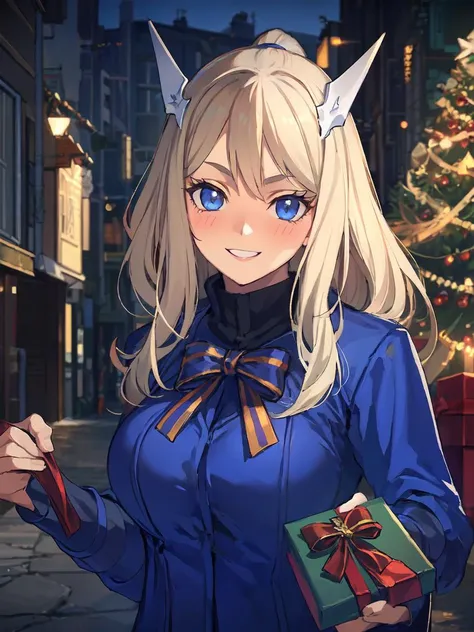 masterpiece,best quality,highres,1girl,<lora:ShadowverseHolySaberV4:0.7> ,streetscape,christmas,christmas tree,christmas eve,both hands holding giftbox,evolved,alternative4,hair ornaments,scraft,thick sweater,thick coat,deep blue jeans,looking at viewer,smile,(shaded face:1.2),portrait,(depth of field:1.4),matured female,blush,shy