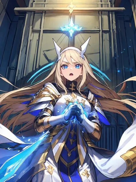 masterpiece,best quality,highres,1girl,<lora:ShadowverseHolySaberV4:0.8>,crystalized aura,beacon of light,in the confessional,blue eyes,praying,own hands together,church,white nun clothes,portrait,cowboy shot,holy light,silver hair ornaments,alternative2,evolved,looking at viewer,open mouth,questioning