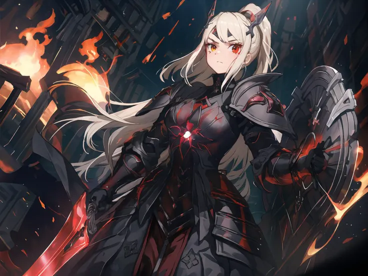 masterpiece,best quality,highres,cinematic lighting,dramatic angle,1girl,<lora:ShadowverseHolySaberV16-000029:0.8:lbw=jiangshi3>,alternative4, hair ornament,ponytail,ribbon,glowing,serious,shaded face,black armor,black and red dress,holding red sword,looking at viewer,dynamic angle,flames,depth of field,red eyes,heterochromia,straight-on,cowboy shot,holding shield,<lora:flat2:-0.25>