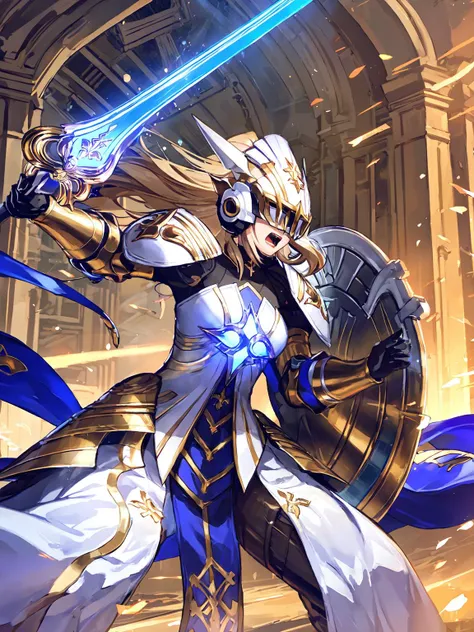 masterpiece,best quality,highres,1girl,<lora:ShadowverseHolySaberV4:0.8>,,alternative1,white helmet,white armor,middle blue skirt,holding,blue sword,shield,fighting stance,dynatic angle,motion blur,open mouth,covered eye,unevolved