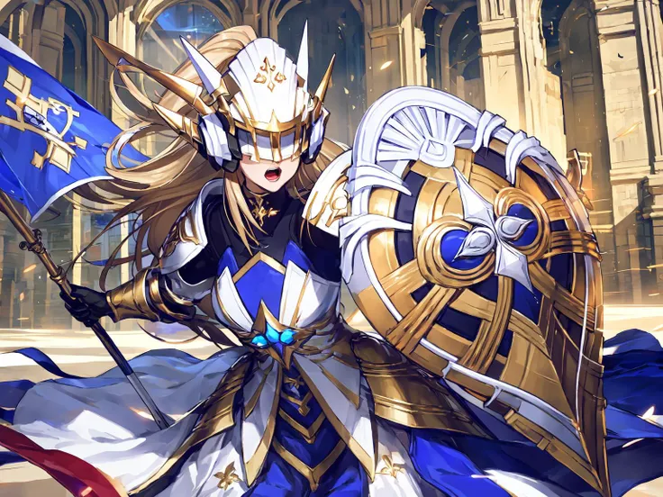 masterpiece,best quality,highres,1girl,<lora:ShadowverseHolySaberV4:0.8>,,alternative1,white helmet,white armor,middle blue skirt,holding flag staff,waving flag,shield,dynatic angle,motion blur,open mouth,covered eye,unevolved,liberty leading the people