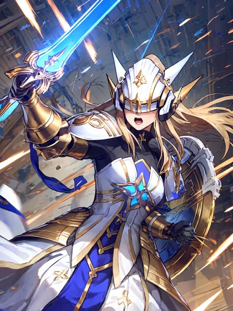 masterpiece,best quality,highres,1girl,<lora:ShadowverseHolySaberV4:0.8>,,alternative1,white helmet,white armor,middle blue skirt,holding,blue sword,shield,fighting stance,dynatic angle,motion blur,open mouth,covered eye,unevolved