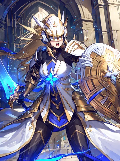 masterpiece,best quality,highres,1girl,<lora:ShadowverseHolySaberV4:0.8>,,alternative1,white helmet,white armor,middle blue skirt,holding,blue sword,shield,fighting stance,dynatic angle,motion blur,open mouth,covered eye,unevolved