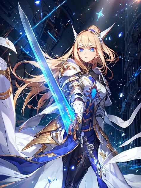 masterpiece,best quality,highres,1girl,<lora:ShadowverseHolySaberV4:0.7> ,armor,glowing,holding weapon,(extremely long and wide crystal glowing sword:1.2),glowing particles,(helmet,unevolved:1.2),holy light,dynatic angle,cinematic lighting,lens flare,<lora:add_detail:0.25>,serious,mid shot,tilting