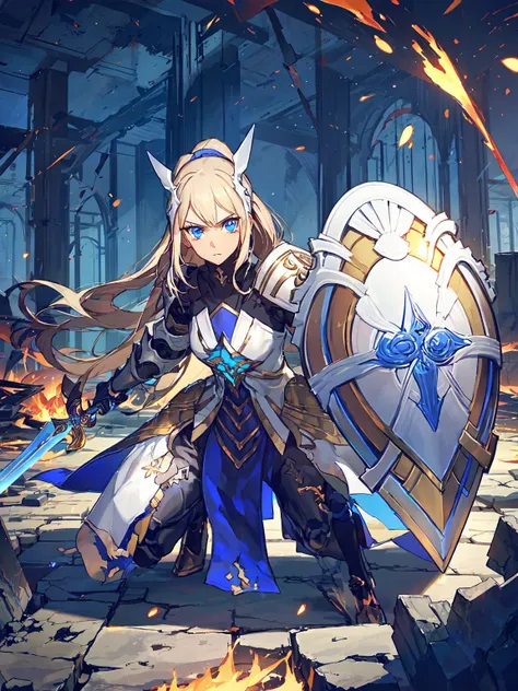 masterpiece,best quality,<lora:ShadowverseHolySaberV4:0.75> ,1 girl, she is holding a sword and shield,one knee on the ground, supporting herself with the sword to remain standing,Her determined gaze shines through a partially broken helmet,(half broken white helmet:1.2),(unevolved:1.3),(alternative1:1.3),from above,middle blue skirt,torn armor,broken armor,torn clothes,blood,half broken helmet,looking at viewer,(pov:1.2),in ruins,flame,burning,angry,unwillingly,helpless,struggling