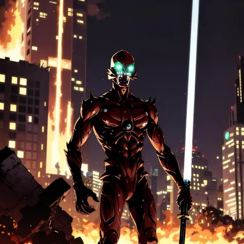 <lora:Giant_WarriorC001:0.7>,
Giant_WarriorC,
giant,weapon,glowing,fire,building,no humans,multiple others,glowing eyes,green eyes,standing,city,holding,destruction,parody,holding weapon,science fiction,night,sky,crossover,burning,lightsaber,looking at viewer,bodysuit,outdoors,skyscraper,red theme,size difference,open mouth,cityscape,smoke,lava,