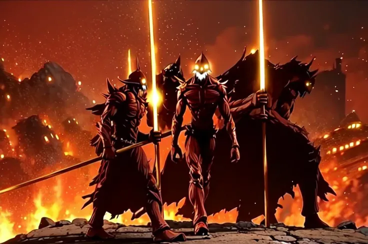 giant warriors, skull, full body, walking over ruined buildings on fire, glowing eyes, glowing spears, (skin ripped by red melting wax:0.6), <lora:Giant_WarriorC001:0.8>, side view <lora:NausicaaC002:0.4>