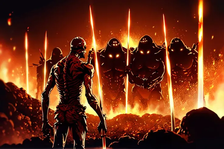 glowing,fire,weapon,scenery, group of giants,no humans,glowing eyes,skeleton,science fiction,fantasy,outdoors,sword,standing,holding,bald,night,buildings on fire,sky, red silhouette, glowing staff, molten rock,spikes, spear, size difference, embers, orange theme, holding sword, destruction, polearm, (skin ripped by red melting wax:1.5), <lora:Giant_WarriorC001:0.8>, rear view, distance