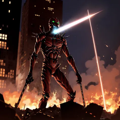 <lora:Giant_WarriorC001:0.7>,
Giant_WarriorC,
giant,weapon,glowing,no humans,multiple others,open mouth,(laser is coming out of the mouth:1.4),glowing eyes,green eyes,standing,destruction,parody,science fiction,night,sky,crossover,burning,building,bodysuit,outdoors,skyscraper,red theme,size difference,cityscape,smoke,lava,fire,city,