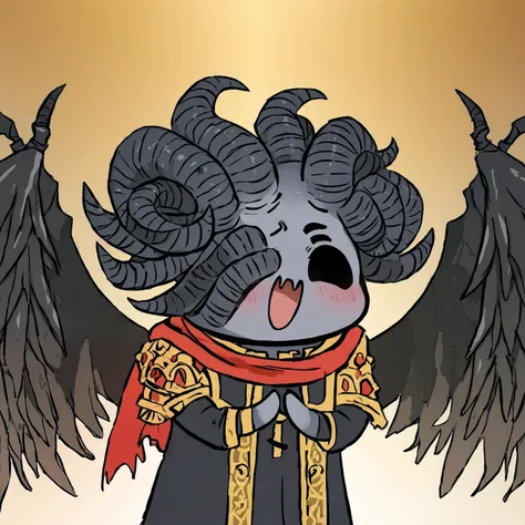 masterpiece,best quality,highly detailed,score_9,score_8_up,score_7_up,score_6_up,highly detailed,cinematic,source anime,
BREAK
<lora:MohgPony1.0:0.8>,
mohg lord of blood,horns,red scarf,wings,one eye covered,demon horns,colored skin,black robe,
<lora:LovelySmilePony1.0:1>,own hands together,smile,open mouth,blush,gradient background,