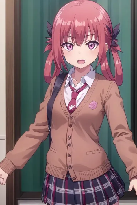 satanichiakurumizawamcdowell, <lora:satanichia kurumizawa mcdowell s1-lora-nochekaiser:1>,
satanichia kurumizawa mcdowell, hair ornament, red hair, hair rings, bat hair ornament, (pink eyes:1.3), fang, smile, open mouth, smug,
BREAK skirt, shirt, school uniform, pleated skirt, necktie, shoes, socks, collared shirt, plaid, kneehighs, black shirt, plaid skirt, cardigan, black socks, inverted cross, (brown cardigan:1.2),
BREAK indoors, classroom,
BREAK looking at viewer, (cowboy shot:1.5),
BREAK <lyco:GoodHands-beta2:1>, (masterpiece:1.2), best quality, high resolution, unity 8k wallpaper, (illustration:0.8), (beautiful detailed eyes:1.6), extremely detailed face, perfect lighting, extremely detailed CG, (perfect hands, perfect anatomy),