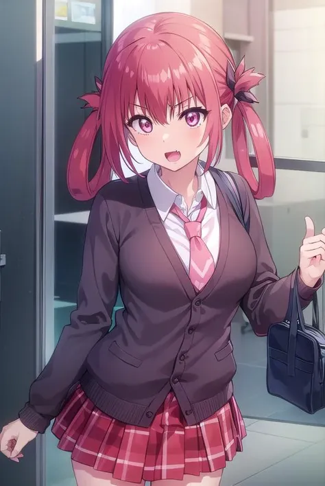 satanichiakurumizawamcdowell, <lora:satanichia kurumizawa mcdowell s1-lora-nochekaiser:1>,
satanichia kurumizawa mcdowell, hair ornament, red hair, hair rings, bat hair ornament, (pink eyes:1.3), fang, smile, open mouth, smug,
BREAK skirt, shirt, school uniform, pleated skirt, necktie, shoes, socks, collared shirt, plaid, kneehighs, black shirt, plaid skirt, cardigan, black socks, inverted cross, (brown cardigan:1.2),
BREAK indoors, classroom,
BREAK looking at viewer, (cowboy shot:1.5),
BREAK <lyco:GoodHands-beta2:1>, (masterpiece:1.2), best quality, high resolution, unity 8k wallpaper, (illustration:0.8), (beautiful detailed eyes:1.6), extremely detailed face, perfect lighting, extremely detailed CG, (perfect hands, perfect anatomy),