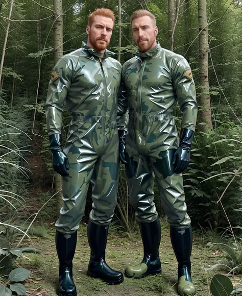 a man in a transparent green PVC latex workgear safety jacket and hi-vis pants and dark blue rubber boots standing, tom of finland, a picture, in a forest, private press <lora:100_Workgear_Lora_v1.2:0.6>, rubber gloves, raingear, working boots, hazmat suit, olive green and silver, Sheamus, hugging, touching, ((camo)), ((camouflage military))