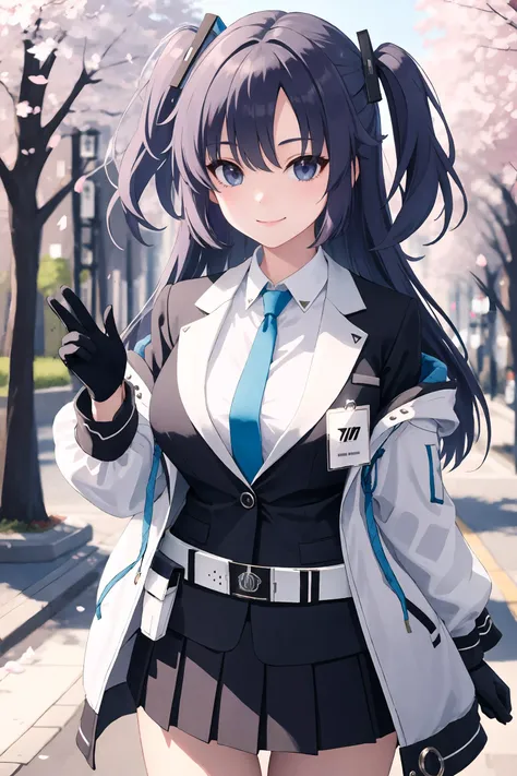 1girl, yuuka \(blue archive\), solo, blue necktie, two-sided coat, half gloves, pleated skirt, white shirt, two side up, belt pouch, suit jacket, id card, standing, cowboy shot, light smile, looking at viewer, outdoors, street, cherry blossoms, petals, depth of field, masterpiece