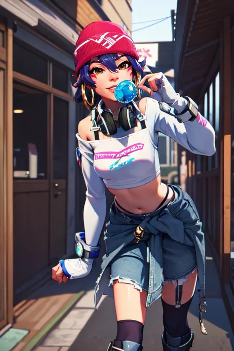 ((masterpiece, best quality)), 1girl, solo, Kiriko LeSserafim, upper body, short hair, brown eyes, multicolored hair, blue hair, yellow highlights, bangs, pink headwear, hair between eyes, (white off-shoulder shirt:1.5), ((gloves:1.5)), pointing to her face, fingerless gloves, hoop earrings, (white shirt:1.5), headphones around neck, thighhigh, white gloves, lace-up boots, boots, gloves, jacket around waist, thighhighs, breasts, headphones, standing, jewelry, bracelet, midriff, white crop top, cross-laced footwear single kneehigh, smile, earrings, jewelry, hat, looking at viewer, makeup, facepaint, facial mark, detached sleeves, lips, indoors, japanese house, hands on her face, portrait,  