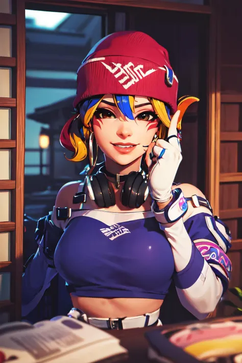 ((masterpiece, best quality)), 1girl, solo, Kiriko LeSserafim, upper body, short hair, brown eyes, multicolored hair, blue hair, yellow highlights, bangs, pink headwear, hair between eyes, (white off-shoulder shirt:1.5), ((gloves:1.5)), pointing to her face, fingerless gloves, hoop earrings, (white shirt:1.5), headphones around neck, thighhigh, white gloves, lace-up boots, boots, gloves, jacket around waist, thighhighs, breasts, headphones, standing, jewelry, bracelet, midriff, white crop top, cross-laced footwear single kneehigh, smile, earrings, jewelry, hat, looking at viewer, makeup, facepaint, facial mark, detached sleeves, lips, indoors, japanese house, hands on her face, portrait, <lora:Kiriko_Le Sserafim:1>