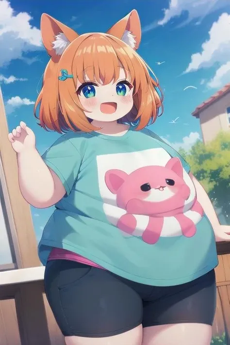 best quality, (kawaii:1.1), (cute), (high resolution:1.2), incredibly fine illustration
BREAK
((1girl:1.1, fat child)), (obese:1.2), ((T-shirt)), open mouth, [[hime_cut]]
BREAK
sky, dynamic angle