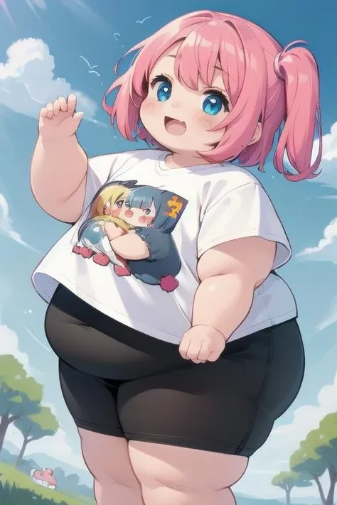 best quality, (kawaii:1.1), (cute), (high resolution:1.2), incredibly fine illustration BREAK ((1girl:1.1, fat child)), (obese:1.2), ((T-shirt)), open mouth, [[hime_cut]] BREAK sky, dynamic angle