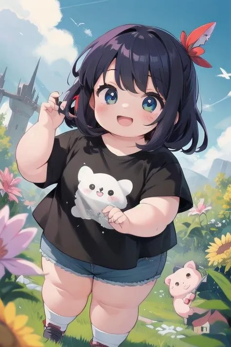 best quality, (kawaii:1.1), (cute), (high resolution:1.2), incredibly fine illustration BREAK ((1girl:1.1, fat child)), (obese:1.2), ((T-shirt)), open mouth, [[hime_cut]] BREAK sky, dynamic angle