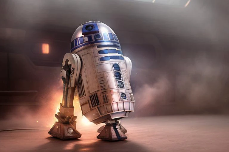 R2-D2 Wallpaper, 4K, high resolution, volumetric lighting, beautiful lighting, dust, lens flare, dirt and imperfections