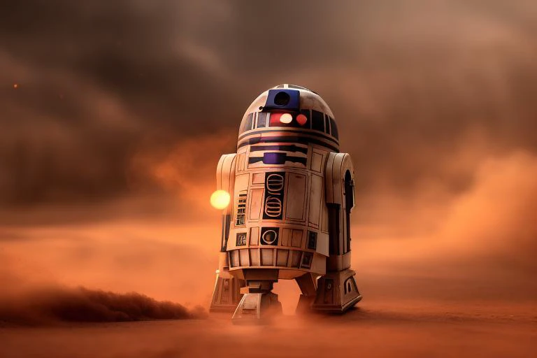 R2-D2 Wallpaper, 4K, high resolution, volumetric lighting, beautiful lighting, dust, lens flare, dirt and imperfections <lora:R2-D2-000002:1>