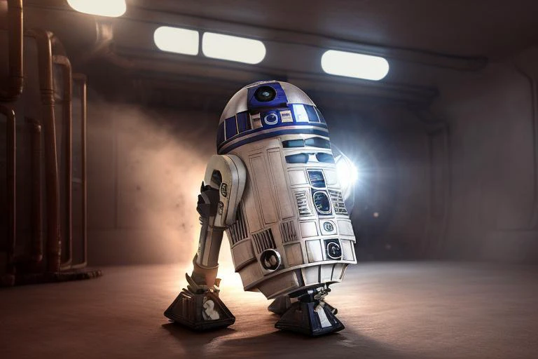 R2-D2 Wallpaper inside an industrial sci-fi corridor, 4K, high resolution, volumetric lighting, beautiful lighting, dust, lens flare, dirt and imperfections