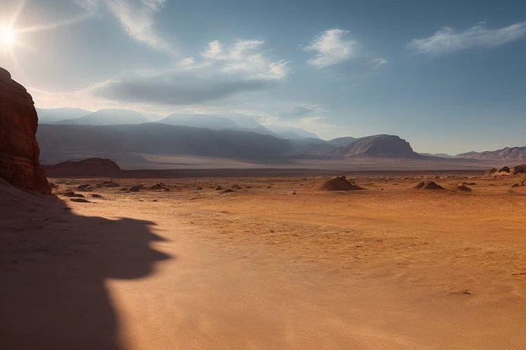 the (desert, sand, rocky terrain, beautiful volumetric lighting, god rays, lens flare, sun glare:1.2), (landscape wallpaper:1.6)