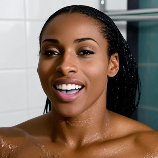 (best quality:1.5), (hyperrealistic:1.5), 24 year old malnourished skinny brazilian woman, curly short black haired, brown eyed, brown tanned skin, wet hair, wet body, full body view, smiling, frontal view, bathing nude inside shower, bathroom scenery, standing nude, toned abs, toned muscular legs, smiling, steam scenery, fog scenery