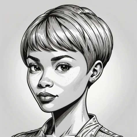 wsj-style engraving, woodcut, monochrome, solo character portrait, woman, hair: pixie cut, nationality: Congolese, desperado, white background<lora:EnvyCharacterPortraitHelperXL01:1.0>