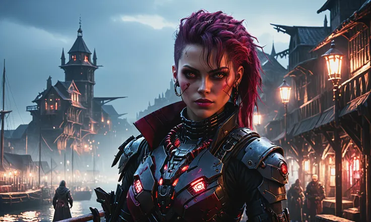 Beautiful detailed digital portrait of a <lora:BloodPunkAI:0.7> bloodpunkai cyberpunk cyborg at a Bustling docks in medieval port town, <lora:xl_more_art-full_v1:0.4>, <lora:PE_NeonUV Style:0.7> PENeonUV, Cinematic lighting, <lora:EnvyCharacterPortraitHelperXL01:0.7> solo character portrait, dark background